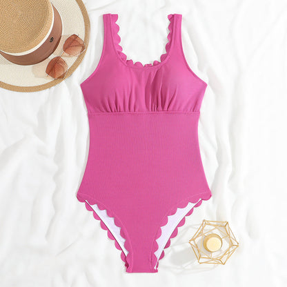Cut Floral Conservative Solid Color One Piece Swimsuit Women Bikini Swimsuit