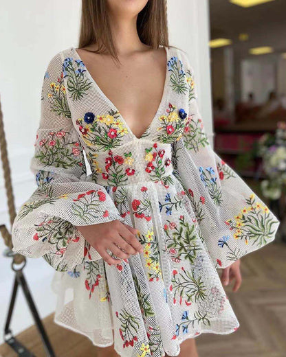 Summer Women Clothing Mesh Embroidered Design Lantern Sleeve Fairy Dress Birthday Party Dress