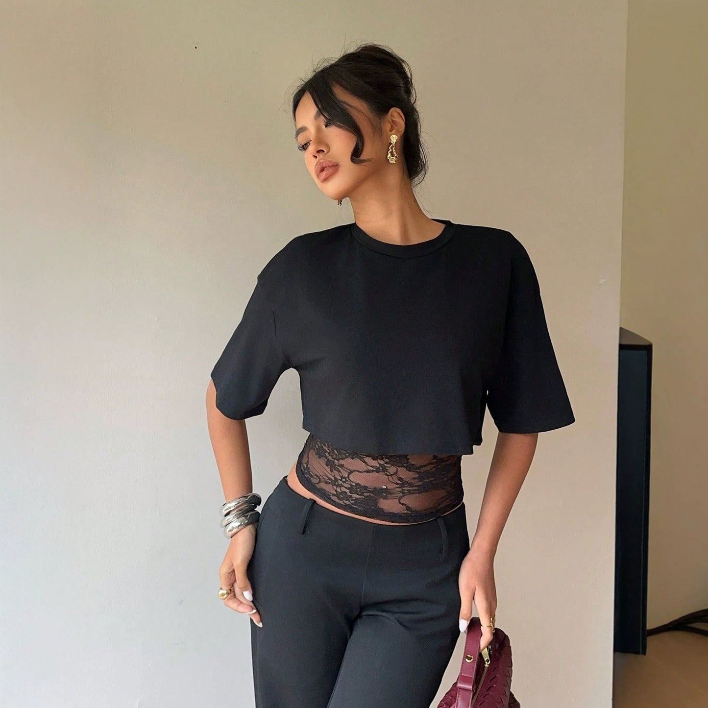Summer Faux Two Piece Lace Slim Fit Patchwork Hollow Out Cutout Sexy Short Sleeve Women T Shirt Tops