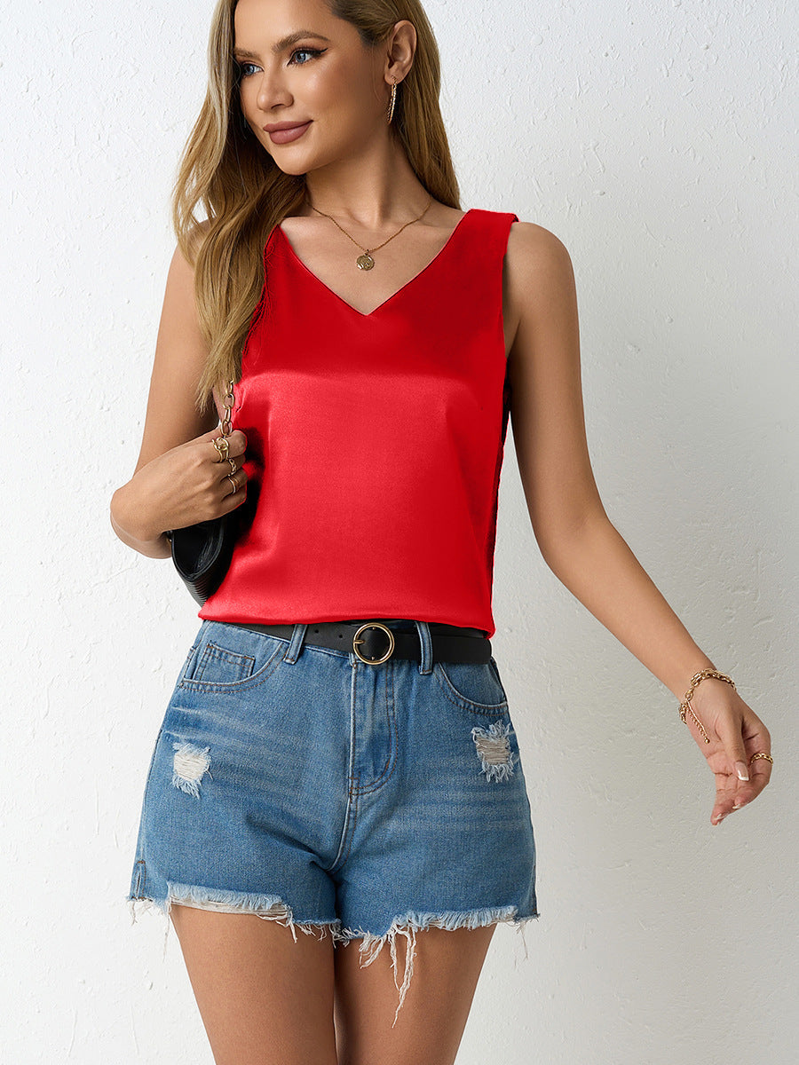 Women Spring Summer Satin Vest V neck Casual Camisole Sleeveless Shirt Summer