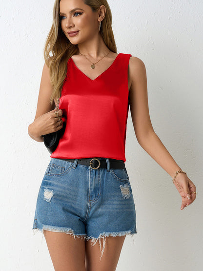 Women Spring Summer Satin Vest V neck Casual Camisole Sleeveless Shirt Summer