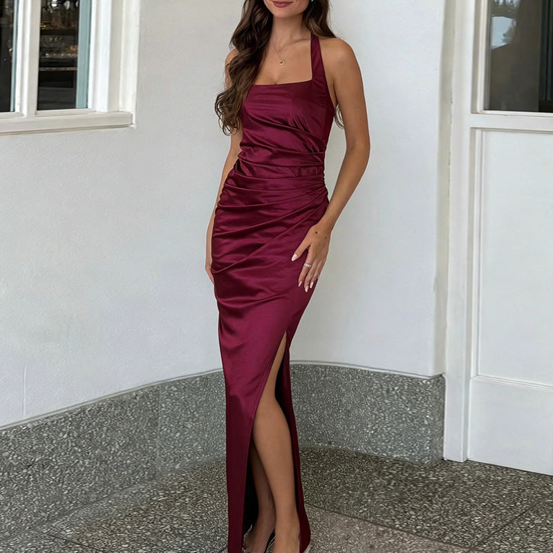 Retro Wine Red Summer Slim Fit Sexy Waist Square Collar Dress