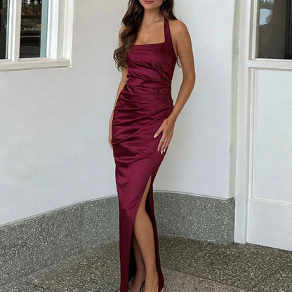Retro Wine Red Summer Slim Fit Sexy Waist Square Collar Dress
