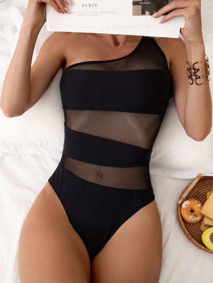 Women Swimsuit Mesh Stitching Jumpsuit Sexy One Shoulder One Piece