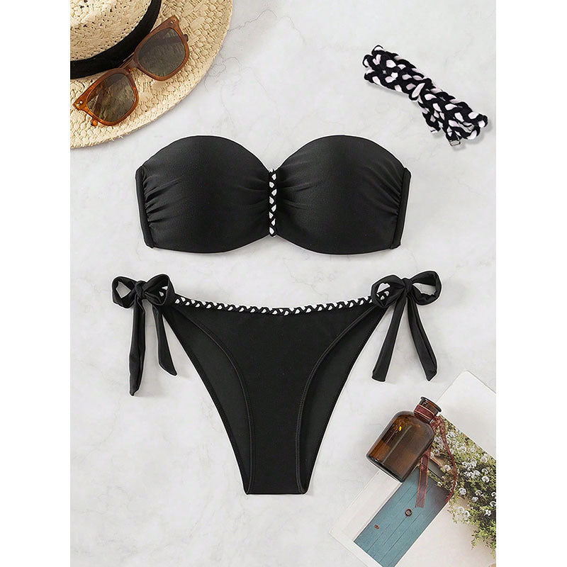 Solid Color Tube Top Sexy Swimsuit Women Sexy Lace up Bikini Beach Swimming Two Piece Sets