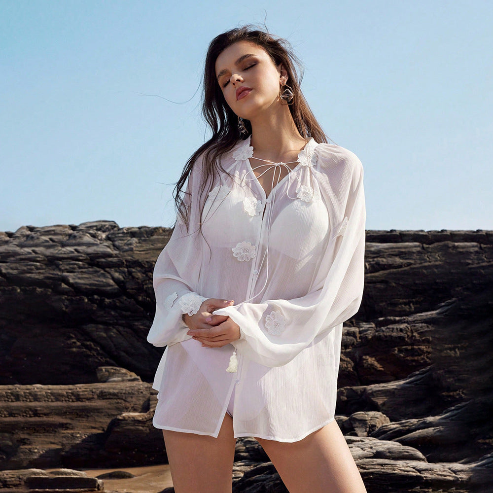 Solid Color Sexy See through Chiffon Beach Cover up Bikini Swimsuit Beach Shirt Women