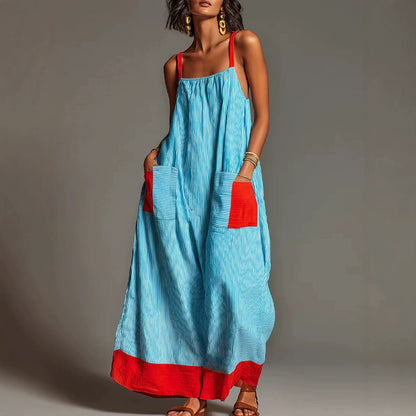 Striped Strap Dress Summer Elegant Travel Holiday Women Long