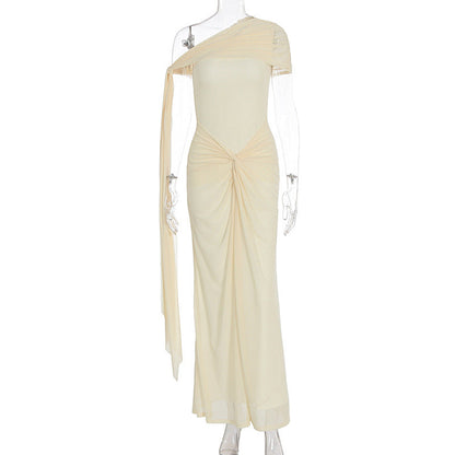 Women Clothing Oblique Shoulder Irregular Asymmetric Maxi Dress Pleated Slim Summer Dress for Women