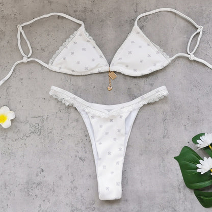 Fresh Printed Three Point Bikini Sexy Backless Lace up Low Waist Split Swimsuit for Women