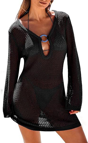Sexy Ring Long Sleeve Hollow Out Cutout Beach Dress Spring Summer Seaside Dress Women