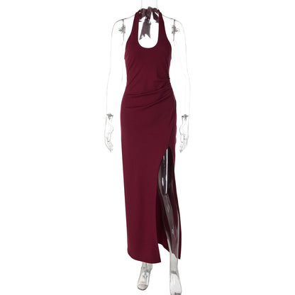 Summer Elegant Elegant Dress Lace up Halterneck U Collar Waist Trimming Split Dress