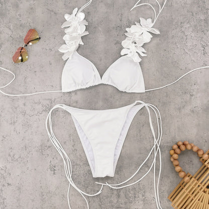Women Lace up Sexy Three Point Solid Color Bikini Split Swimsuit