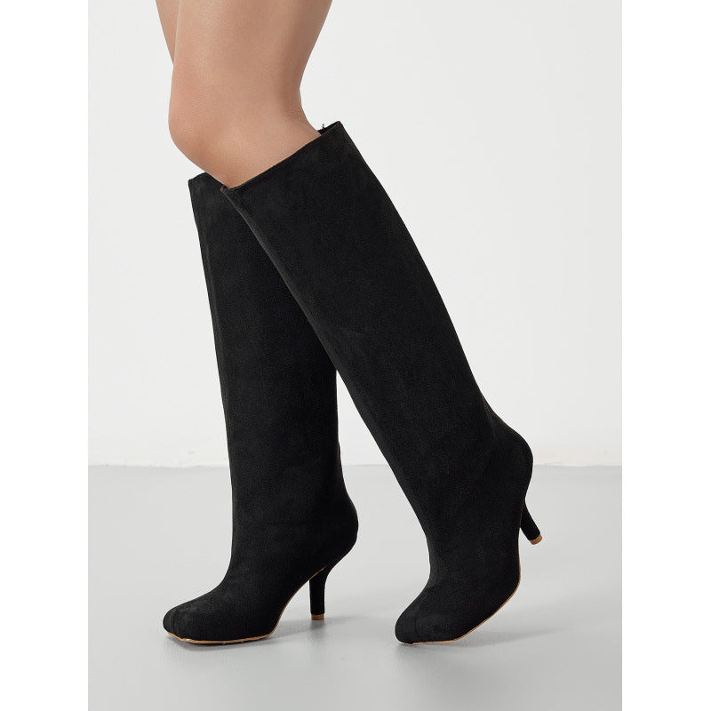 US Size Widen Women Knee High Suede Wide Calf Square Head Cover High Leg Boot