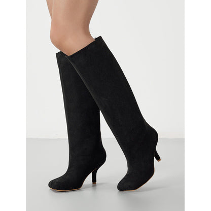 US Size Widen Women Knee High Suede Wide Calf Square Head Cover High Leg Boot