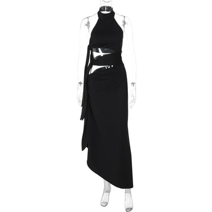 Sexy Hollow Out Cutout Backless Stitching Strap Long Slit Halter Dress Women