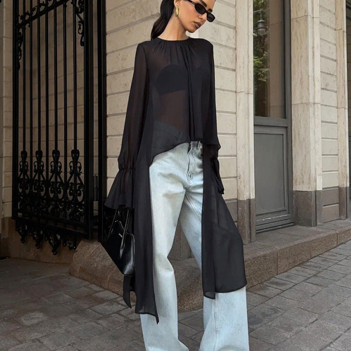 Chiffon Shirt Women Black Mesh Irregular Asymmetric Niche Design round Neck Ruffle Sleeve Long Sleeve Top