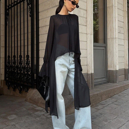 Chiffon Shirt Women Black Mesh Irregular Asymmetric Niche Design round Neck Ruffle Sleeve Long Sleeve Top
