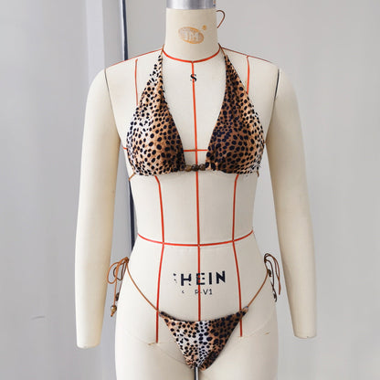 Leopard Print Printed Lace up Sexy Three Point Bikini Backless Split Swimsuit Women Bikini