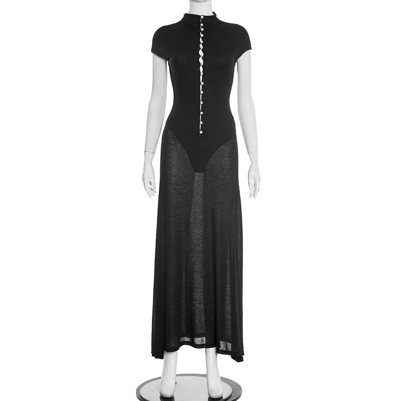 Women Clothing Autumn Winter Retro Short Sleeve Beads Decorative Hollow Out Cutout Turtleneck Dress