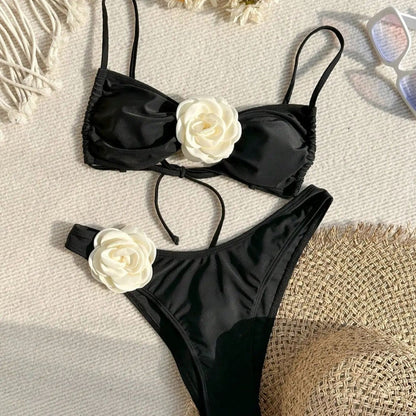 Bikini Solid Color Three Dimensional Floral Tube Top Lace up Sexy Bikini Split Swimsuit