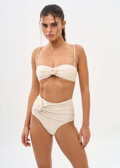 Solid Color Light Nylon Three Dimensional Floral Split Swimsuit Women Sexy High Waist Bikini