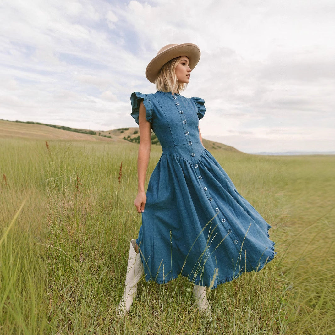Pastoral Blue Stand Up Collar Denim Like Ruffled Flounced Sleeve Women Dress With Single Breasted Design Vacation