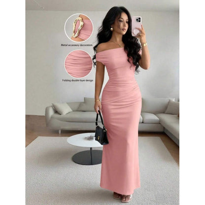 Summer Elegant Pleated Slim Slimming Boat Neck Dress