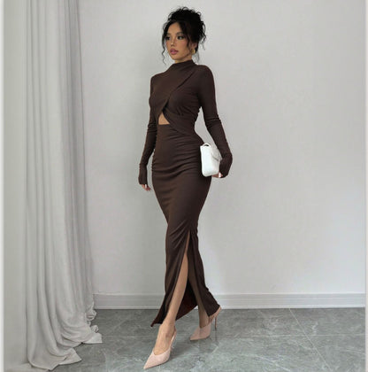 Autumn Winter Sexy Slit Slim Fitting Cropped Outfit Long Sleeve Mid Length Long Sleeve Dress