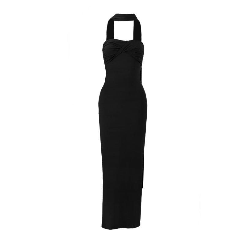 Women Summer Halter Ribbon Twist Woven Wrapped Chest Backless Slim Fit Niche Maxi Dress