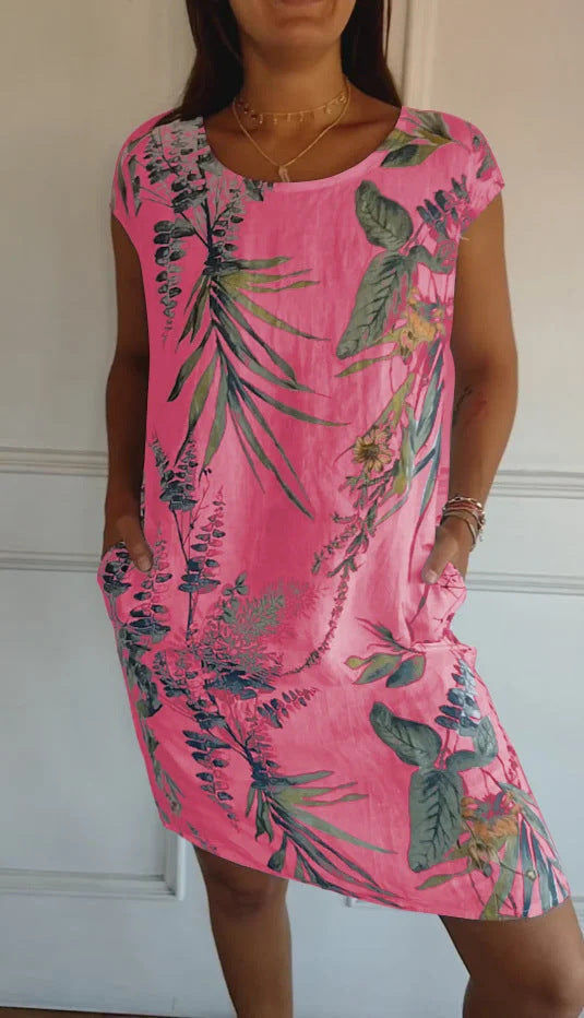 Women Clothing Summer Cotton Linen round Neck Printed with Pocket