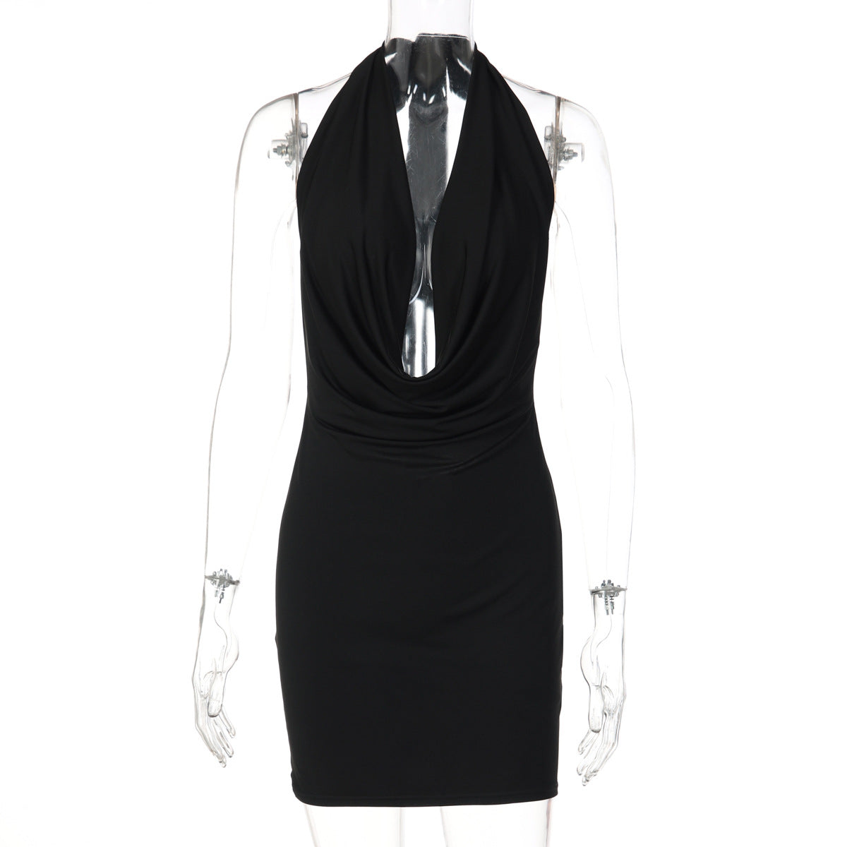 Women Solid Color Halter Deep V Plunge neck Backless Sexy Slim Hip Dress
