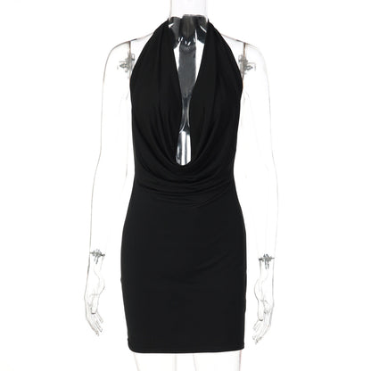 Women Solid Color Halter Deep V Plunge neck Backless Sexy Slim Hip Dress