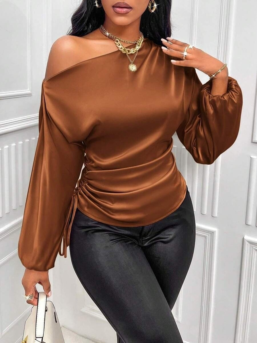 Women Clothes Satin Shirt Autumn Winter Asymmetric Long Sleeve Diagonal Collar Shirt Top