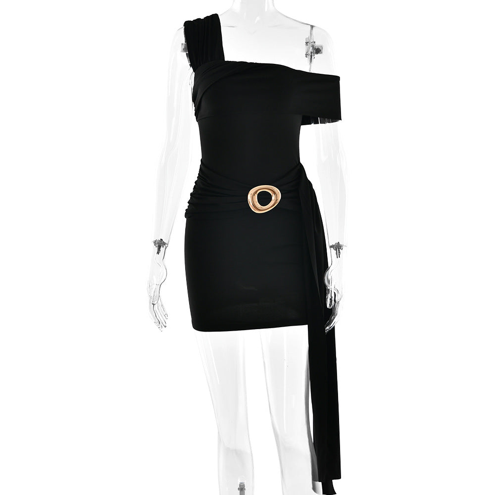 Women One Shoulder Sexy Ruffle Hip Short Dress