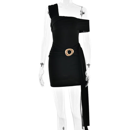 Women One Shoulder Sexy Ruffle Hip Short Dress