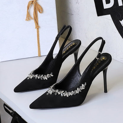 Cocktail High Heels Stiletto Heel Pointed Toe Rhinestone Shallow Mouth Suede Back Empty Back Strap Super High Heel Shoes