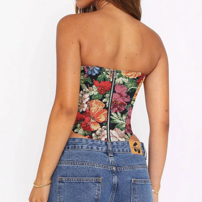 Sexy Tube Top Strap Vest Women Irregular Asymmetric Short Cropped Outfit Printed Boning Corset Bra Sexy Top