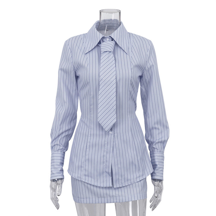Printed Striped Tie Shirt Skirt Set Women Collared Long Sleeved Shirt Office Two Piece Set
