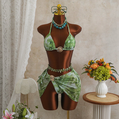 Sexy Tie Dyed Mesh Three Piece Swimsuit Holiday Halter Banded Bikini