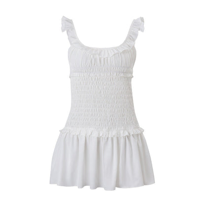 Women Clothing Spring Sexy Elegant Wooden Ear Pleated Strap Pleated Dress Short for Women