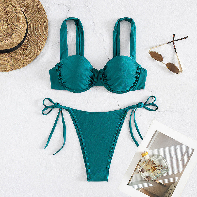 Solid Color Split Swimsuit Women Sexy Bikini Underwire Push up Bikini Swimsuit