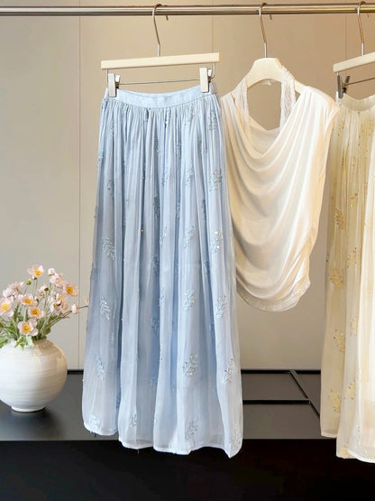 French High Grade Embroidery Sequin Streamer Yarn Women Summer Drape Fairy Cover Swing Maxi Skirt
