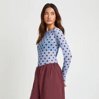 Simple Dot Mesh See through Niche Slim Fit Long Sleeve round Neck Top Bottoming Shirt Women Clothing