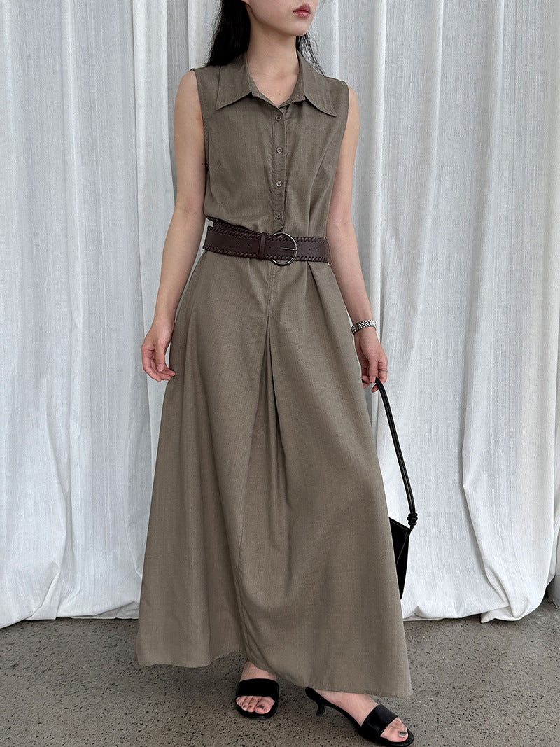 Cotton Linen Shirt Dress with Belt Summer Cinched Sleeveless Dress