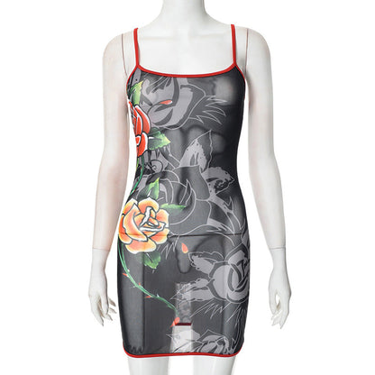 Women Clothing Spring Summer Sling round Neck Floral Mesh See through Printed Sheath Dress Virgin Guadalupe
