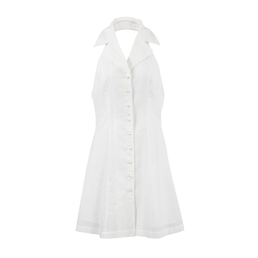 French Cotton Linen Halter Sexy Backless Dress Spring Summer Short for Women