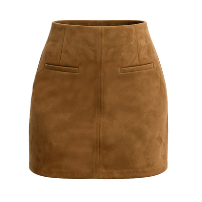 Autumn Winter Women Suede Pocket Skirt High Waist Zipper Solid Color Mini Skirt
