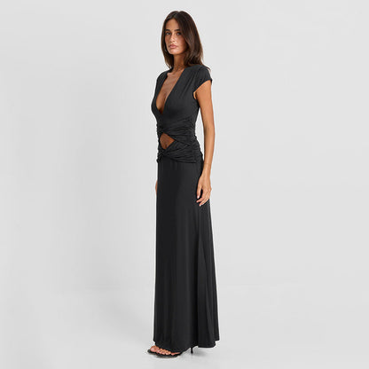 Women Clothing Autumn Solid Color Casual Short Sleeve Hollow Out Cutout Out Deep V Bare Cropped Slim Fit Maxi Dress