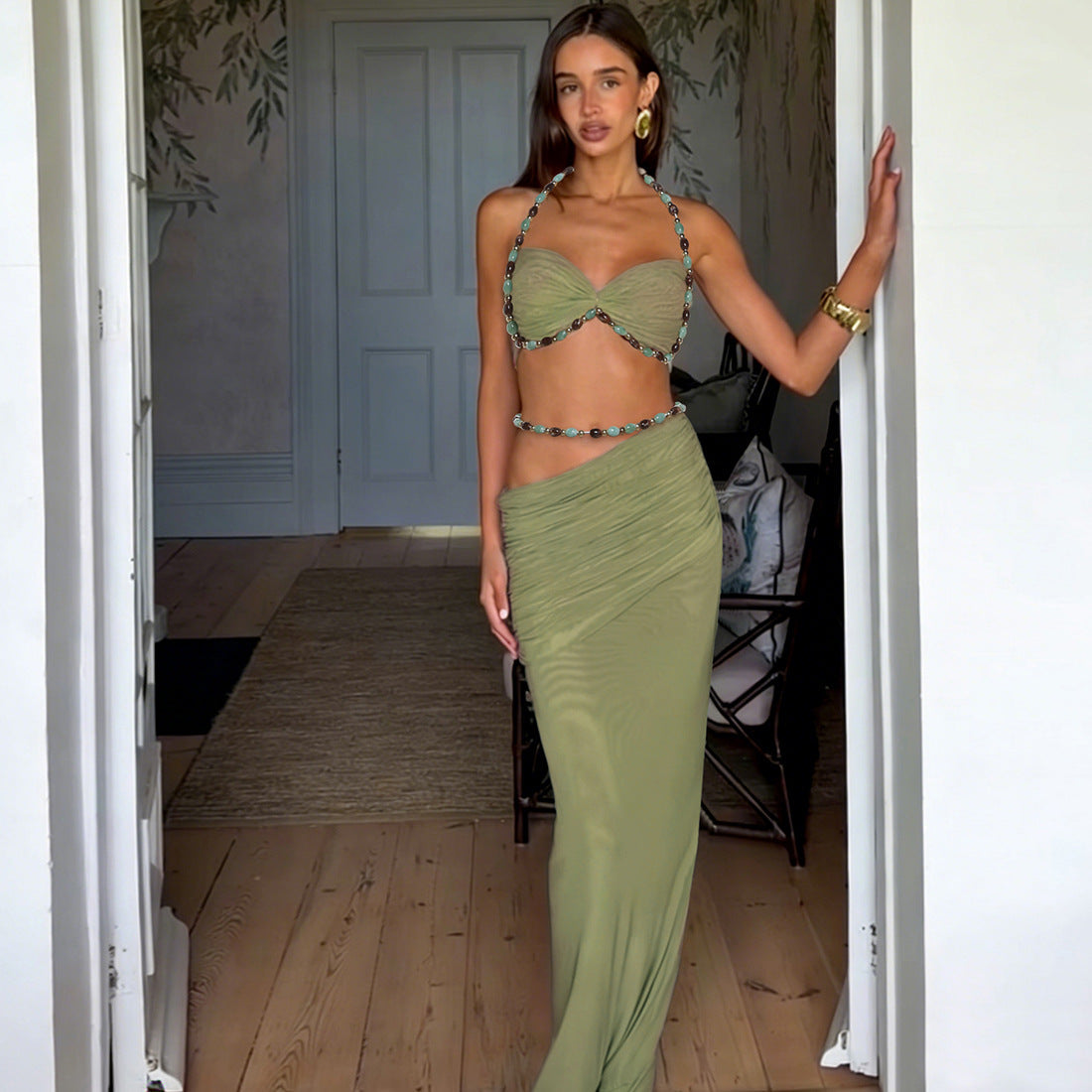 Spring Women Clothing Solid Color Sleeveless Halter Small Sling High Waist Sexy Hip Bag Slim Skirt Two Piece Sets
