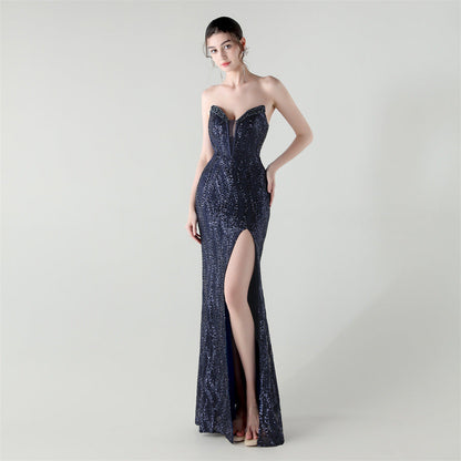Boning Corset Waist Tight Heavy Industry Beads Heart Shaped Collar Sequined Evening Dress Luxury Cocktail Evening Dress